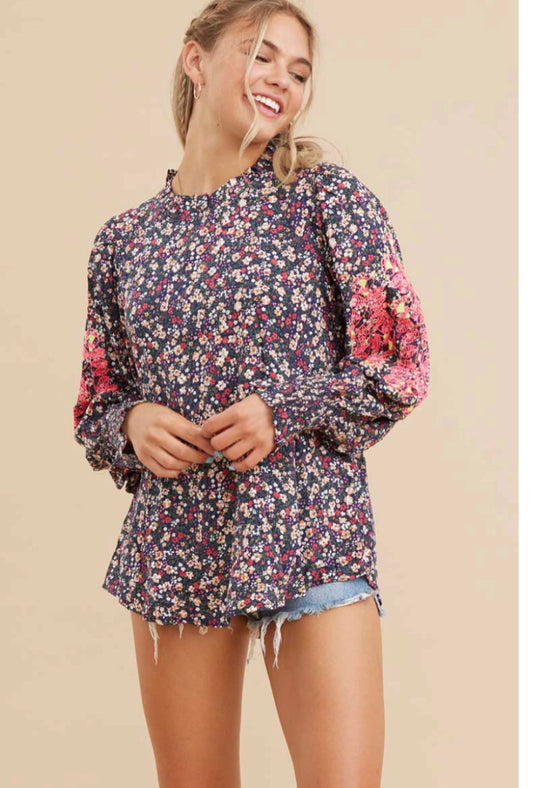 Long Sleeve Navy Floral Top with Bright Pink Embroidery