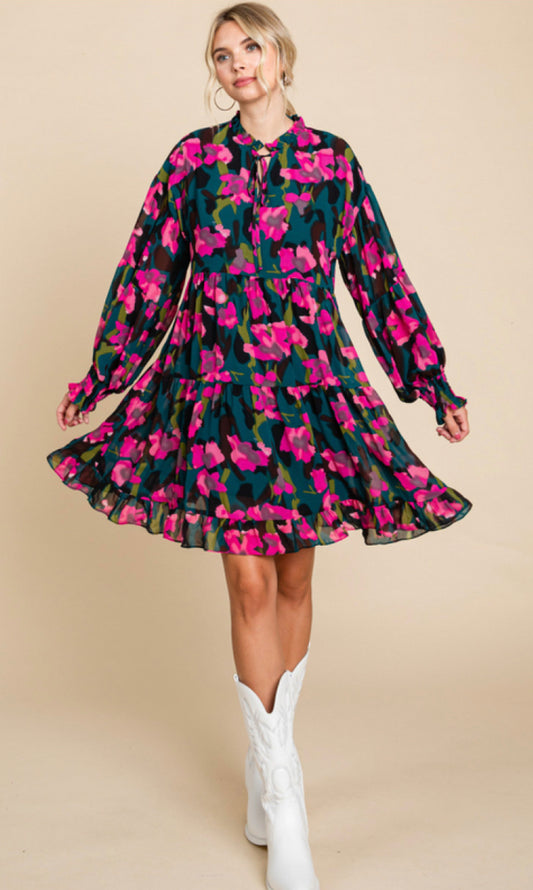 Green and pink flower dress