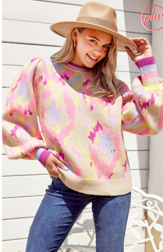 Balloon Sleeved Abstract Sweater