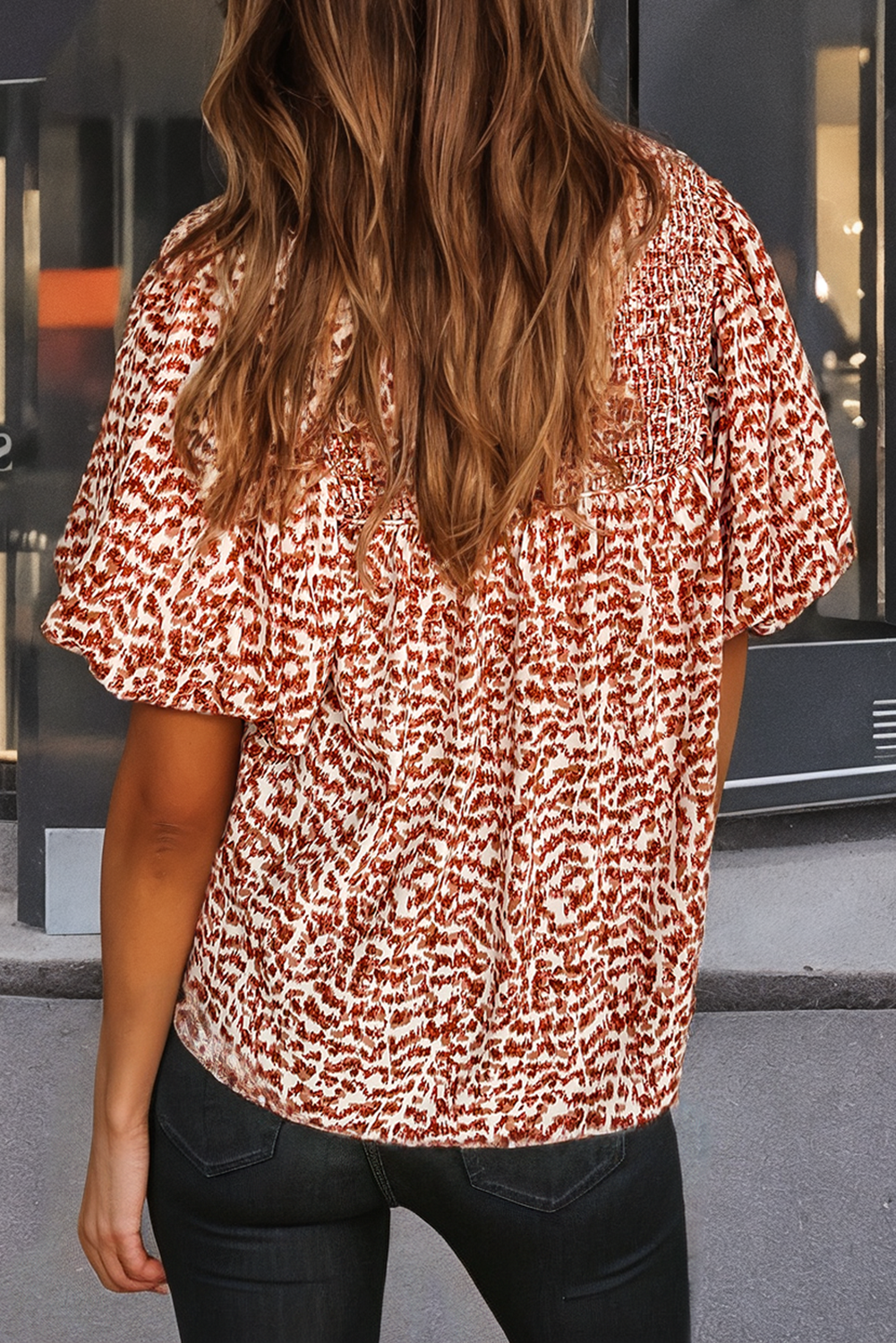 Rust Patterned Puff Sleeve Blouse