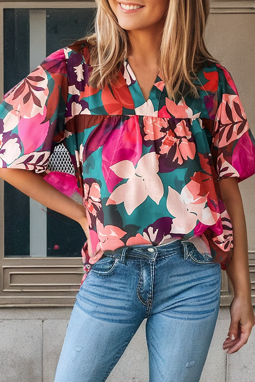 Rose Red Floral V Neck Lantern Sleeve Blouse