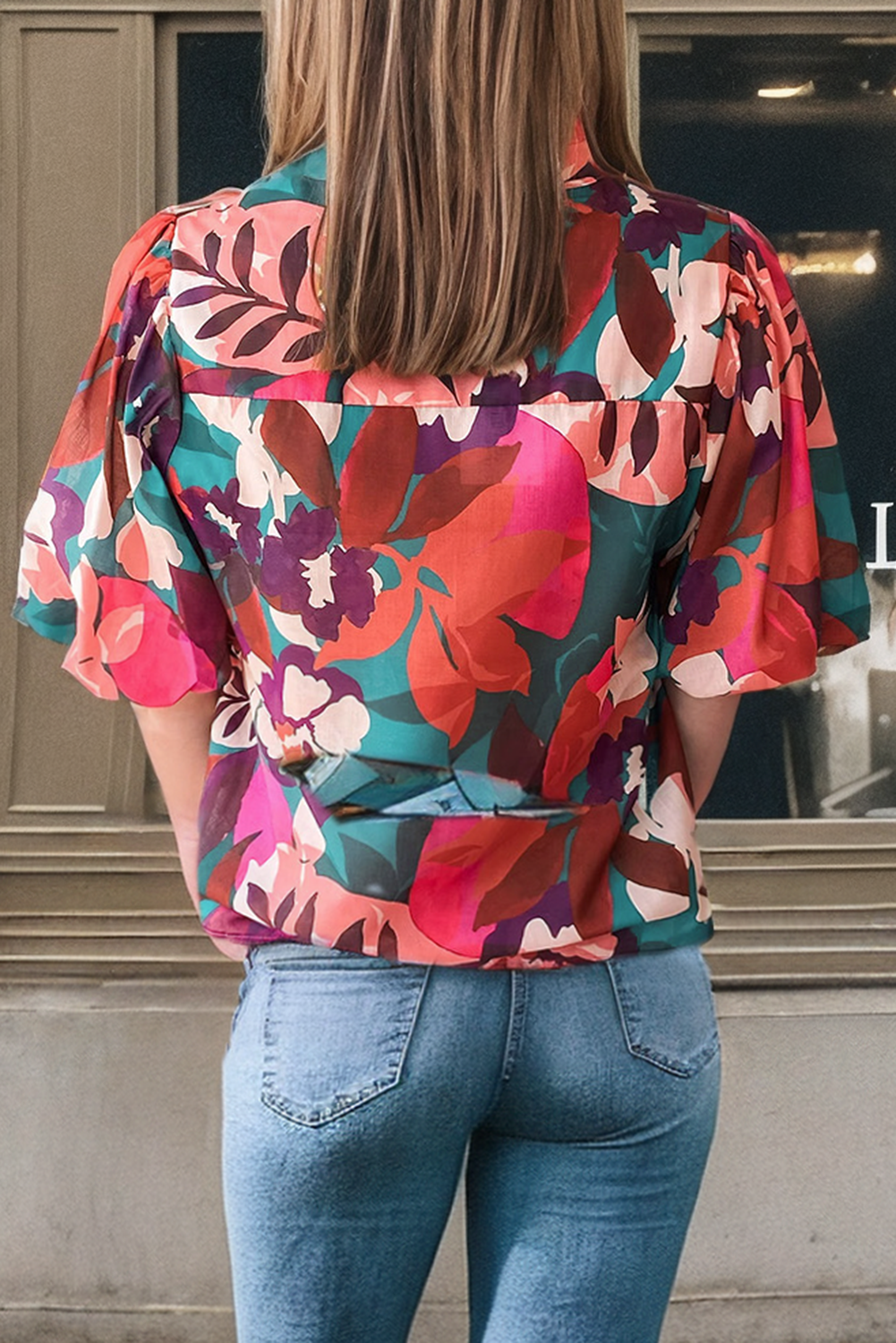 Rose Red Floral V Neck Lantern Sleeve Blouse