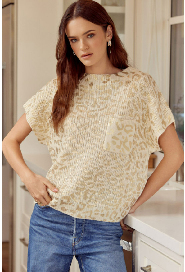 Short Sleeve Ivory Leopard Sweater