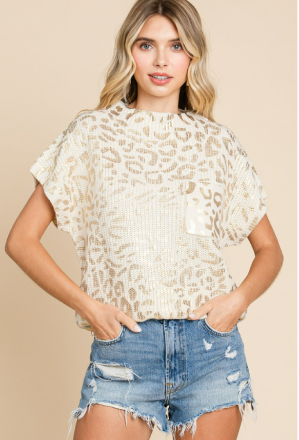 Short Sleeve Ivory Leopard Sweater