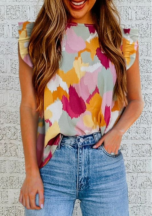 Multicolor Ruffled Cap Sleeve Top